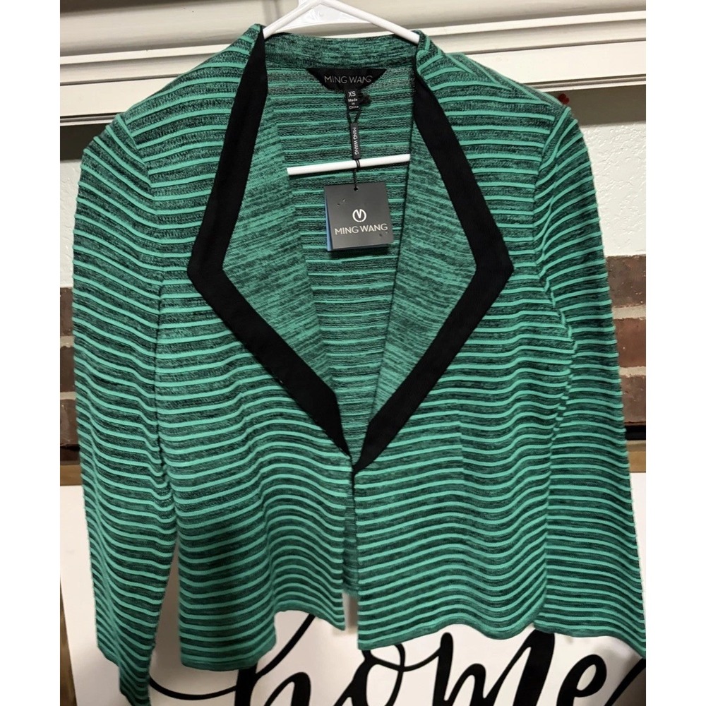 MING WANG Jacket Knit Teal Blue Black Striped Jacket Career Office Mature XS